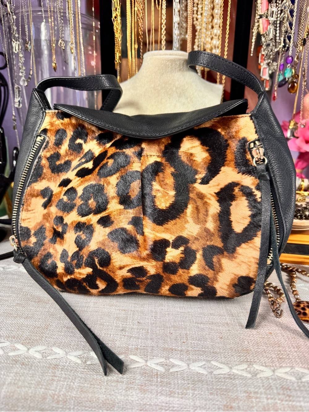 Vince Camuto Leopard-Print Shoulder Bag with Black Trim
